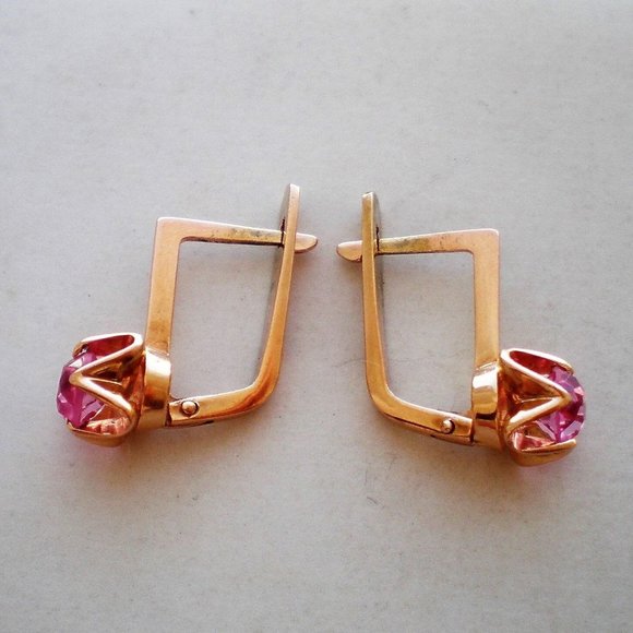 Vintage Russian Russia USSR 14K 583 Rose Pink Gold Pink Tourmaline EARRINGS - Picture 2 of 4